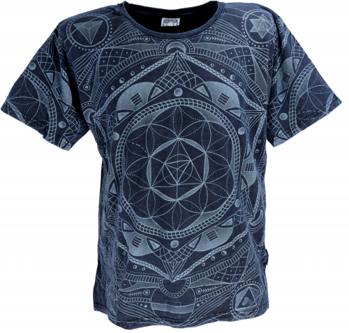 Tibet Buddhist Art T-Shirt, Flower of Life Mandala stonewash T-Shirt - dark blue
