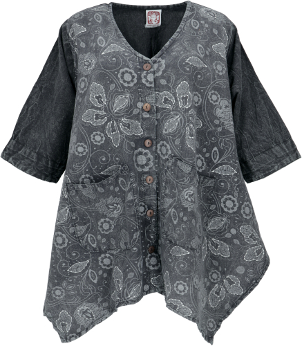 Boho tunic, XXL tunic with embroidery for strong women - black/gray