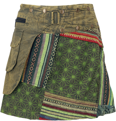 Wrap skirt, short skirt, cacheur, stonewash patchwork skirt - green