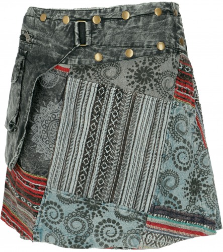 Wrap skirt, short skirt, cacheur, stonewash patchwork skirt - black