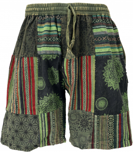 Ethno yoga shorts, patchwork shorts - green