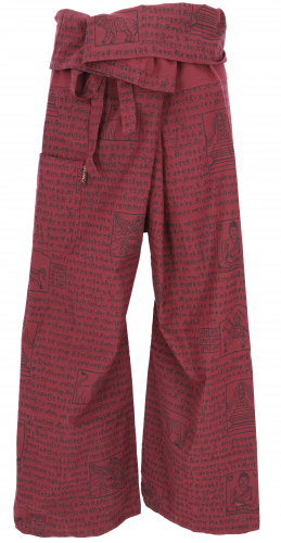 Thai fisherman pants with mantra print made of woven cotton, wrap pants, yoga pants - wine red