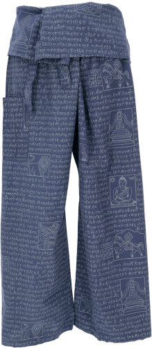 Thai fisherman pants with mantra print made of woven cotton, wrap pants, yoga pants - blue