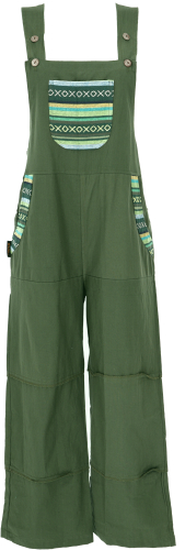 Wide dungarees, ethno style boho oversize one-piece, overall - olive green