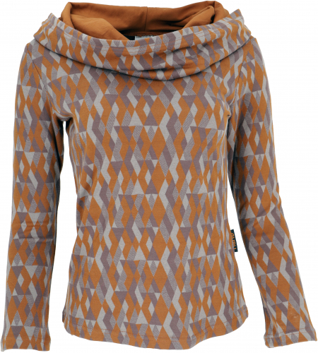 Organic cotton hoodie, boho shirt with wide printed shawl hood - rust brown/caramel