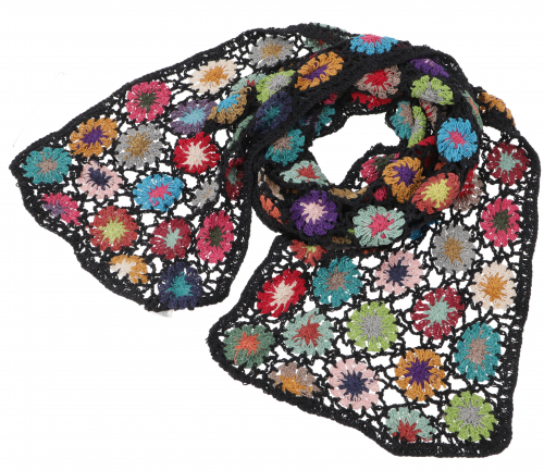 Crochet scarf with colorful flowers, boho scarf - black - 170x30 cm