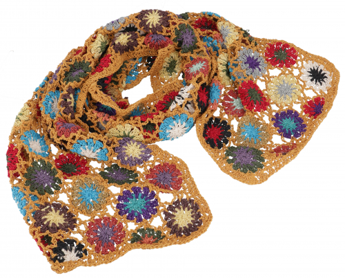 Crochet scarf with colorful flowers, boho scarf - rust orange