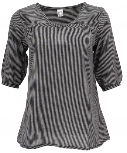 Lightweight cotton blouse, striped boho slip blouse with V-neck - black/gray