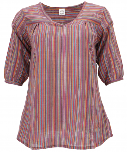 Lightweight cotton blouse, striped boho slip-on blouse with V-neck - colorful