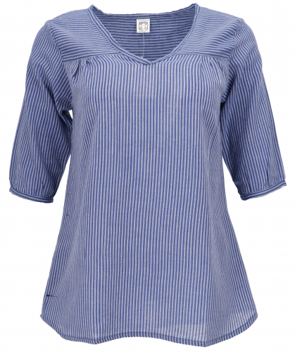 Lightweight cotton blouse, striped boho slip-on blouse with V-neck - blue