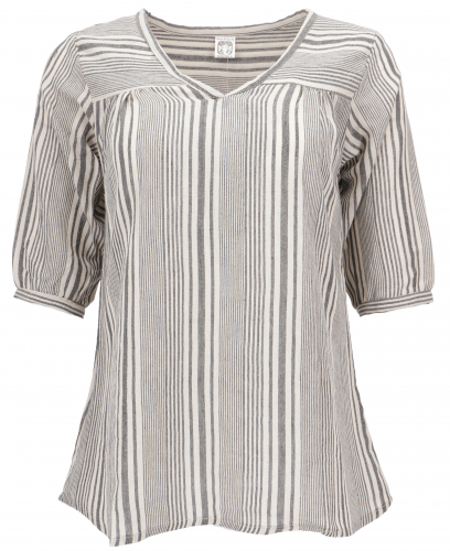 Light cotton blouse, striped boho slip blouse with V-neck - gray/beige