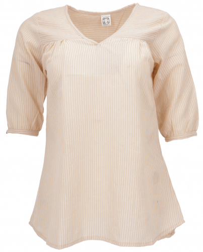 Lightweight cotton blouse, striped boho slip blouse with V-neck - white/beige