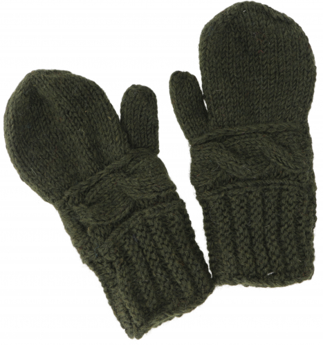 Wool gloves, mittens, hand-knitted mittens from Nepal - olive green