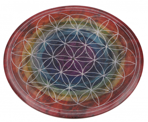 Indian incense holder  10 cm made of soapstone, rainbow candle plate, coaster - Flower of Life 3