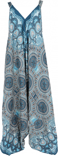 Boho jumpsuit, mandala summer jumpsuit, oversize beach pants dress - turquoise blue/white