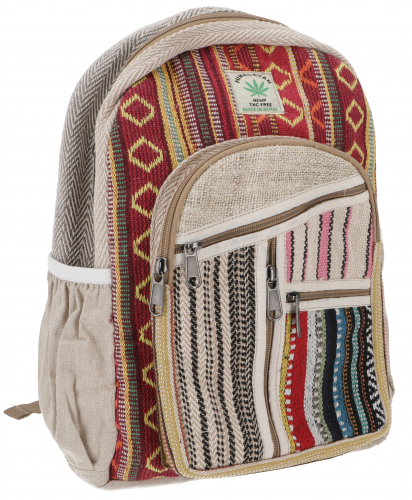 Colorful ethnic hemp backpack - beige/red - 35x24x15 cm 