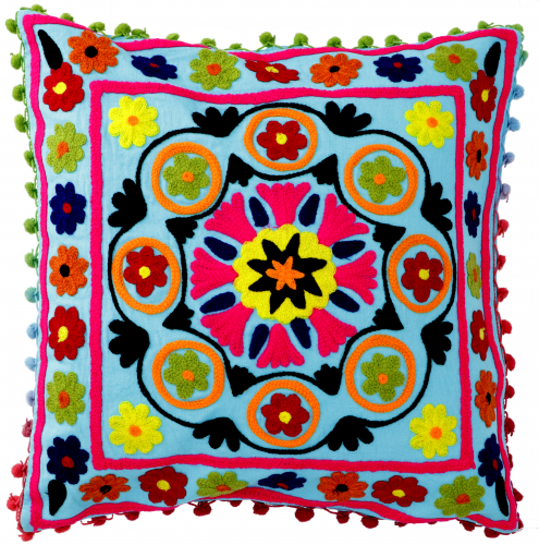 Boho cushion cover, colorful embroidered folklore cushion in Mexican style - turquoise/pink - 40x40x0,5 cm 