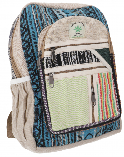 Colorful ethnic hemp backpack - beige/turquoise - 35x24x15 cm 