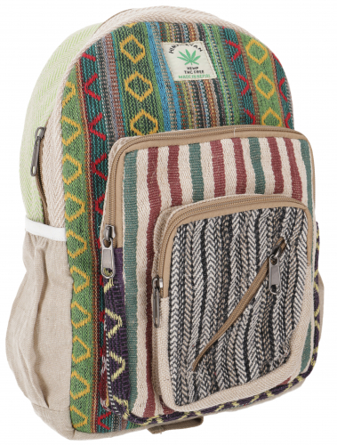 Colorful ethnic hemp backpack - beige/green - 35x24x15 cm 