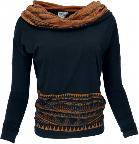 Loose long shirt made of organic cotton, boho shirt shawl hood - black/caramel