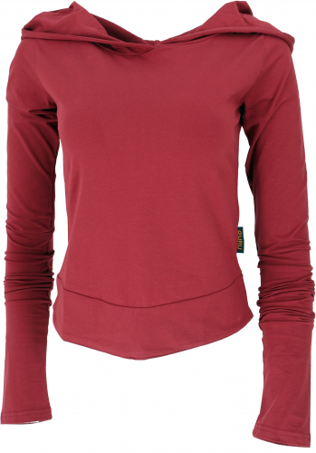 Organic cotton long sleeve shirt with overlong sleeves that can be gathered and a huge hood - red