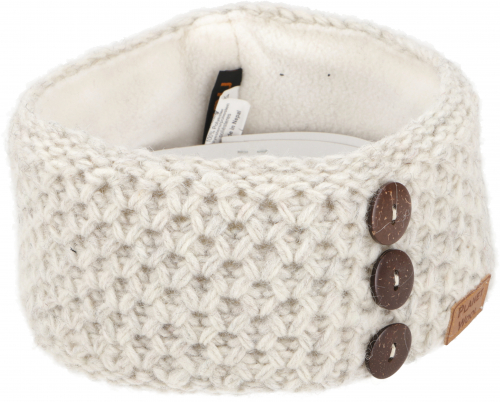 Wool knitted headband with pretty coconut buttons, hand-knitted ear warmer - natural white/3 buttons - 8 cm