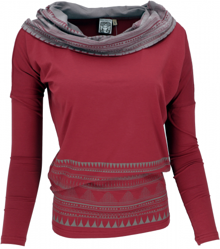 Lockeres Longshirt aus Bio-Baumwolle, Boho Shirt Schalkapuze - rot/grau