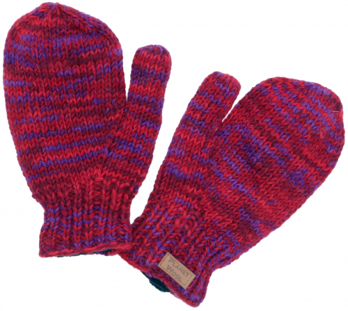 Hand-knitted mittens, woolen gloves, mittens, mitts - red/purple