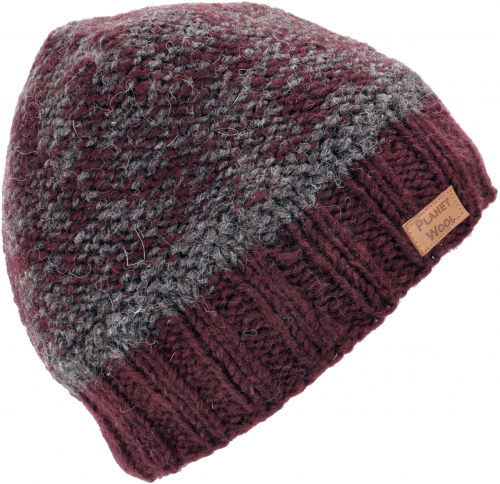 Cozy, hand-knitted wool hat in a pretty tone-in-tone pattern, winter hat - wine red/grey