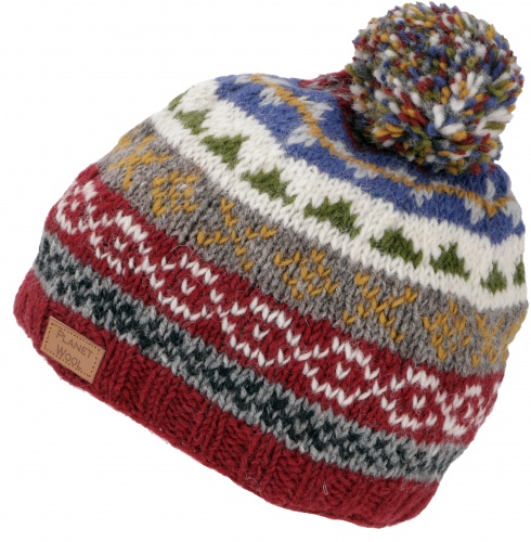 Pompom hat from Nepal, new wool hat, winter hat - rust red/blue