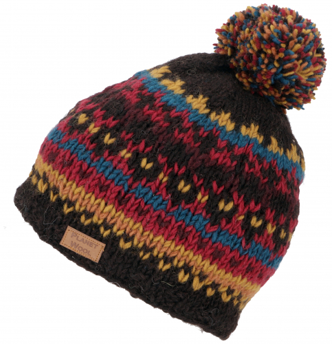 Pompom hat from Nepal, new wool hat, winter hat - dark brown/turmeric