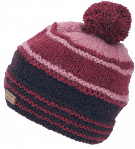 Pompom hat from Nepal, new wool hat, winter hat - wine red/pink