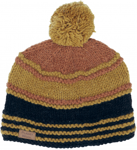 Pompom hat from Nepal, new wool hat, winter hat - brown/ochre