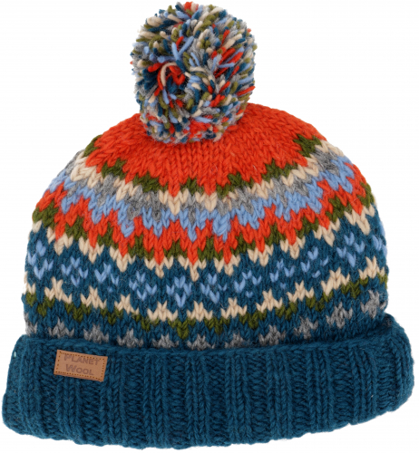 petrol/orange - Nepal, Wintermütze Schurwolle, Mütze aus aus Bommelmütze