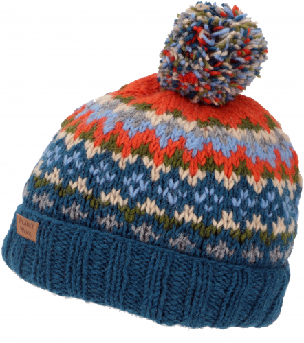Bommelmütze - Wintermütze aus Nepal, petrol/orange Mütze aus Schurwolle,