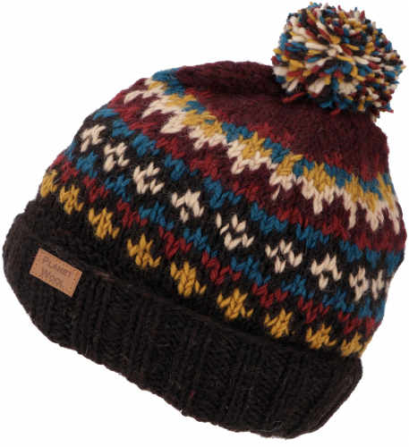 Pompom hat from Nepal, new wool hat, winter hat - brown/wine red