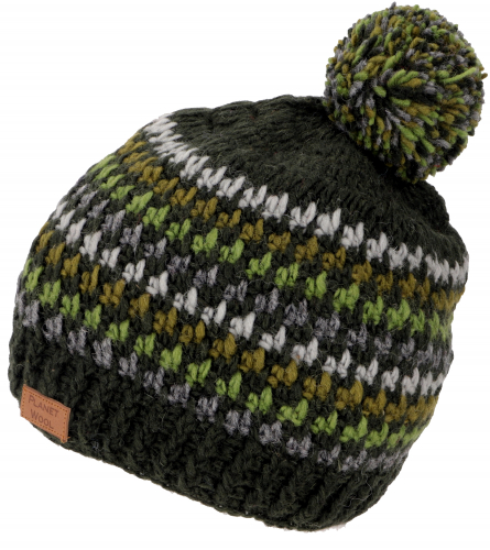 Pompom hat from Nepal, new wool hat, winter hat - olive green/gray