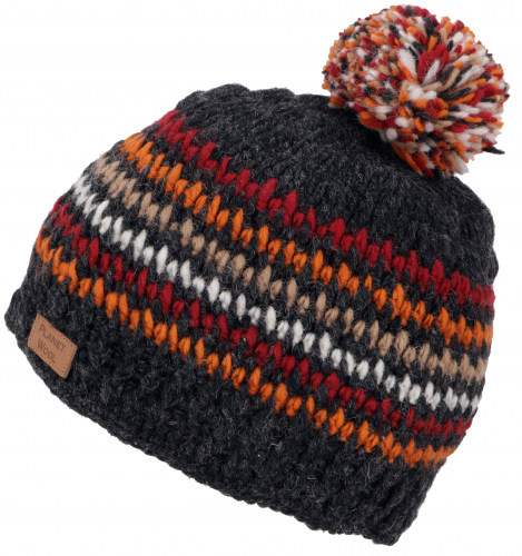 Pompom hat from Nepal, new wool hat, winter hat - gray/orange