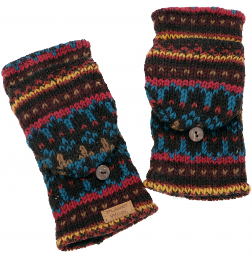 Handgestrickte Handschuhe, Klapphandschuhe Nepal, Wollhandschuhe - braun/bunt