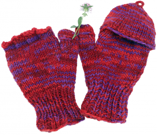 Hand-knitted gloves, folding gloves Nepal, wool gloves - red/purple