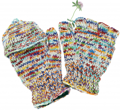 Handgestrickte Handschuhe, Klapphandschuhe Nepal, Wollhandschuhe - multi/hell