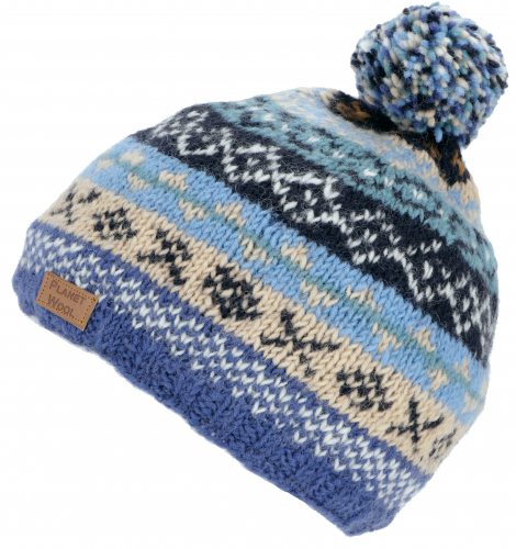 Pompom hat from Nepal, new wool hat, winter hat - blue
