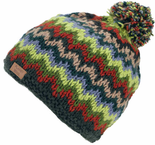 Pompom hat from Nepal, new wool hat, winter hat - green/rust