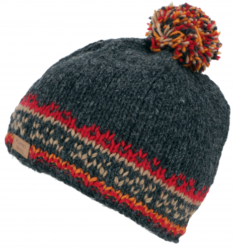 Pompom hat from Nepal, new wool hat, winter hat - dark gray/red