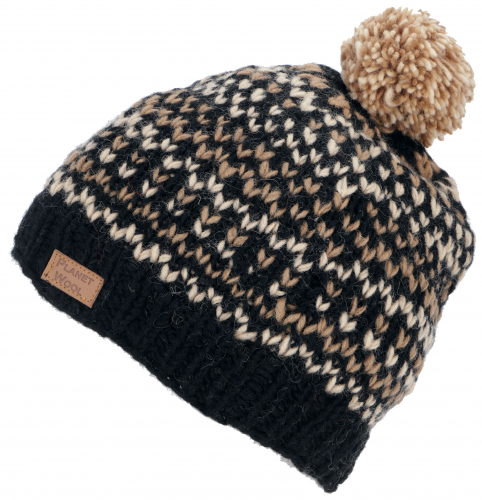 Pompom hat from Nepal, new wool hat, winter hat - black/beige