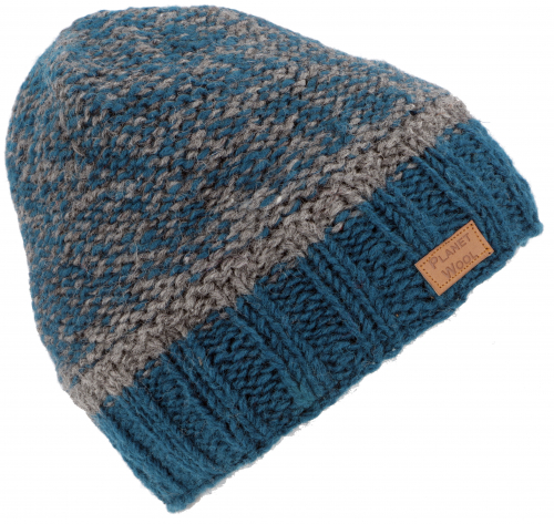 Cozy, hand-knitted wool hat in a pretty tone-in-tone pattern, winter hat - petrol/grey