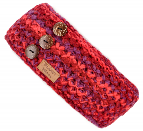 Wool knitted headband with pretty coconut buttons, hand-knitted ear warmer - red/purple/3 buttons - 8 cm