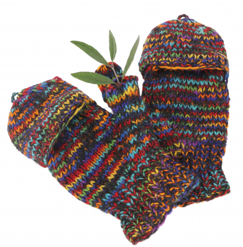 Hand-knitted gloves, folding gloves Nepal, wool gloves - multi/dark
