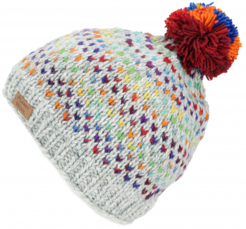 Pompom hat from Nepal, new wool hat, winter hat - gray/colorful