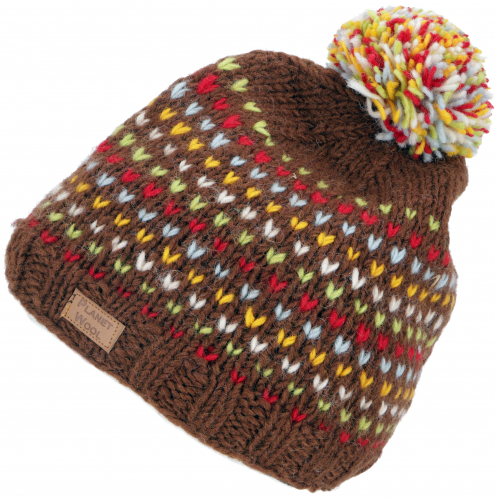Pompom hat from Nepal, new wool hat, winter hat - brown/colorful